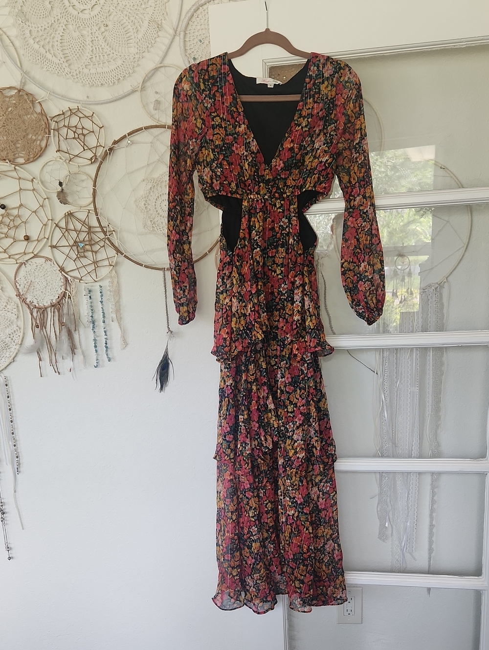 Floral Low V-Neck Long Sleeve Tiered Maxi Dress With Side Cut Outs